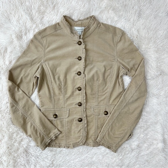 Dress Barn tan corduroy jacket button front ruffle collar hem cuffs Sz S - Picture 10 of 10